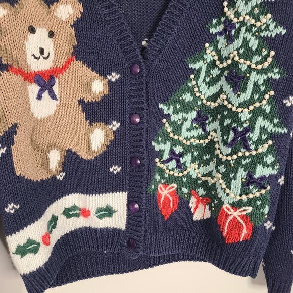 Vintage Ugly Christmas Sweater Cardigan 8 Large Teddy Bear Tree Holly Presents - Picture 3 of 12